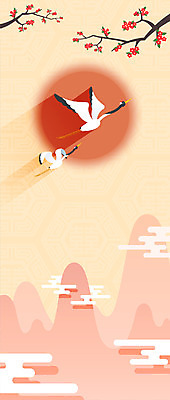 나무 식물 동물 구름 한국전통 전통 백그라운드 두마리 일러스트 조류 산 사람없음 태양 노을 학 플랫 국내일러스트 AI파일 자연요소 2 한국 파일형식 벡터