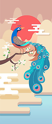 나무 식물 동물 구름 한마리 한국전통 전통 꽃 바다 백그라운드 일러스트 조류 산 사람없음 태양 노을 나뭇가지 플랫 공작 국내일러스트 AI파일 자연요소 1 한국 파일형식 벡터