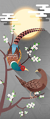 나무 식물 동물 구름 한국전통 전통 꽃 백그라운드 두마리 일러스트 조류 사람없음 보름달 달 나뭇가지 플랫 꿩 까투리 국내일러스트 AI파일 자연요소 2 한국 파일형식 벡터