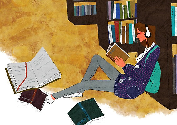 전신 PSD 라이프스타일 여자 교육 여유 가방 일러스트 책장 한명 사람 앉기 성인 취미 책 독서 헤드셋 기댐 펼침 도서관 여자만 여자한명만 성인여자만 성인만 국내일러스트 1 잡화 감정 음향기기 가구 모션 생활 헤드폰 파일형식