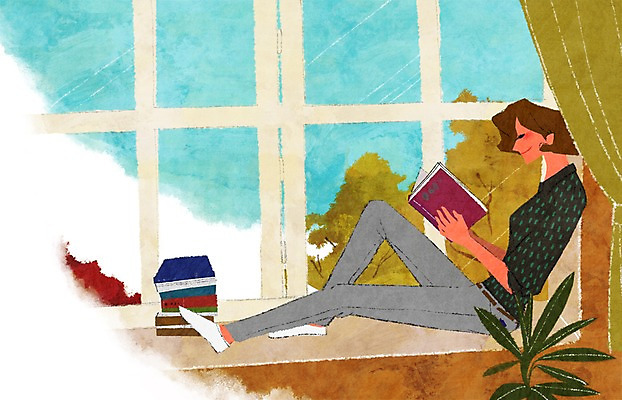 전신 PSD 나무 식물 라이프스타일 여자 교육 여유 일러스트 한명 들기 사람 앉기 성인 취미 책 독서 쌓기 기댐 창가 창틀 여자만 여자한명만 성인여자만 성인만 국내일러스트 1 감정 창문 모션 생활 파일형식