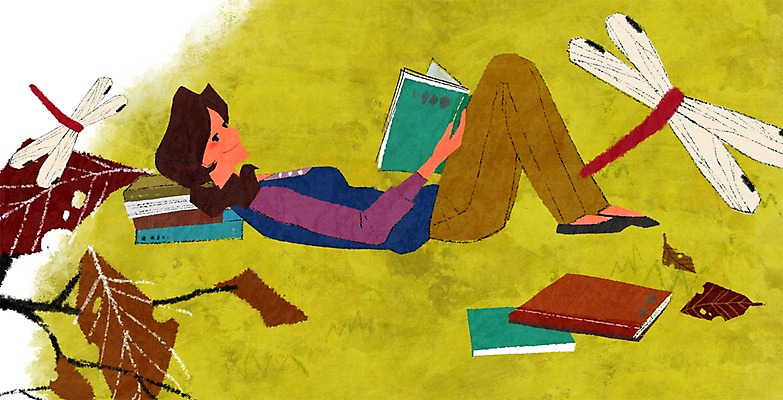 전신 PSD 라이프스타일 여자 교육 여유 낙엽 일러스트 나뭇잎 한명 사람 성인 취미 책 눕기 독서 가을 잠자리 고추잠자리 여자만 여자한명만 성인여자만 성인만 국내일러스트 1 계절 감정 곤충 잎 모션 생활 파일형식