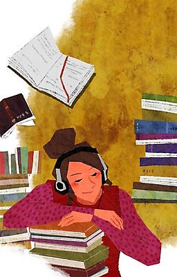 PSD 라이프스타일 여자 교육 여유 엎드리기 일러스트 한명 사람 상반신 성인 취미 책 독서 쌓기 헤드셋 기댐 잠 여자만 여자한명만 성인여자만 성인만 국내일러스트 1 감정 음향기기 모션 생활 헤드폰 파일형식