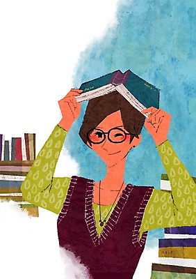 PSD 라이프스타일 여자 교육 안경 여유 일러스트 책장 한명 사람 상반신 성인 취미 책 독서 쌓기 머리위 올리기 여자만 여자한명만 성인여자만 성인만 국내일러스트 1 잡화 감정 가구 모션 생활 파일형식