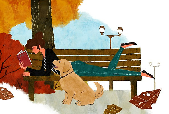 전신 PSD 나무 식물 라이프스타일 공원 여자 교육 여유 엎드리기 단풍 낙엽 가로등 벤치 일러스트 한명 사람 성인 취미 책 반려동물 독서 강아지 여자만 여자한명만 성인여자만 성인만 국내일러스트 동물 1 공공시설 감정 잎 의자 모션 생활 개 파일형식