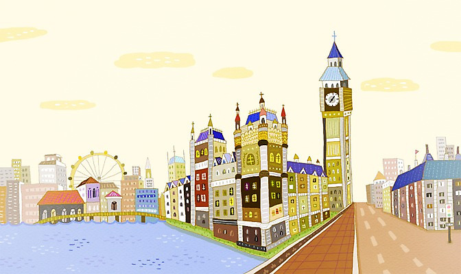 PSD 해외 도로 백그라운드 일러스트 영국 거리 풍경 사람없음 건물 관광지 강 도시 놀이기구 시계탑 세계명소 대관람차 가교 국내일러스트 건축물 유럽 길 여행 교통시설 탑 파일형식