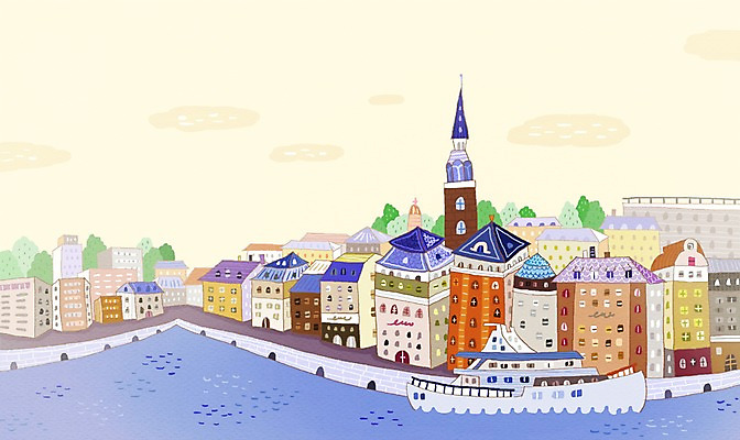 PSD 해외 백그라운드 일러스트 거리 스웨덴 풍경 사람없음 건물 관광지 강 도시 세계명소 스톡홀름 선박 국내일러스트 건축물 여행 수상교통 북유럽 파일형식