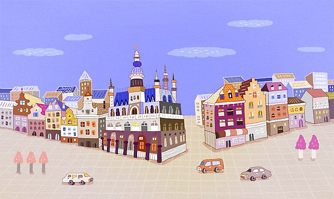 PSD 나무 구름 해외 도로 백그라운드 일러스트 자동차 하늘 거리 풍경 사람없음 건물 관광지 도시 벨기에 세계명소 브뤼셀 국내일러스트 자연요소 식물 건축물 길 육상교통 여행 교통시설 서유럽 파일형식