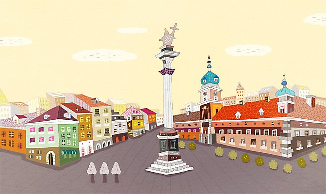 PSD 해외 백그라운드 일러스트 거리 풍경 사람없음 야외 건물 관광지 조각상 탑 도시 세계명소 왕궁 폴란드 국내일러스트 건축물 유럽 여행 조형물 궁전 파일형식