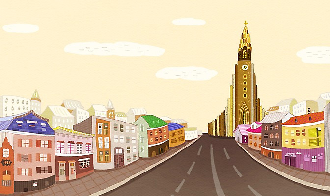 PSD 해외 도로 백그라운드 일러스트 거리 아이슬란드 풍경 사람없음 야외 건물 관광지 교회 도시 세계명소 국내일러스트 건축물 유럽 길 여행 종교건축 교통시설 파일형식