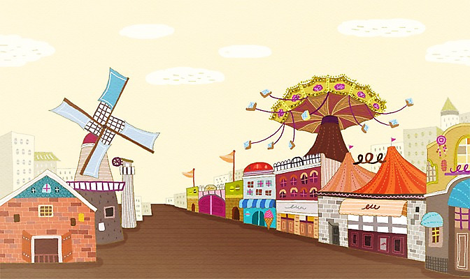 PSD 해외 건축물 백그라운드 일러스트 거리 풍경 사람없음 야외 놀이공원 풍차 도시 놀이기구 국내일러스트 건축 테마파크 파일형식