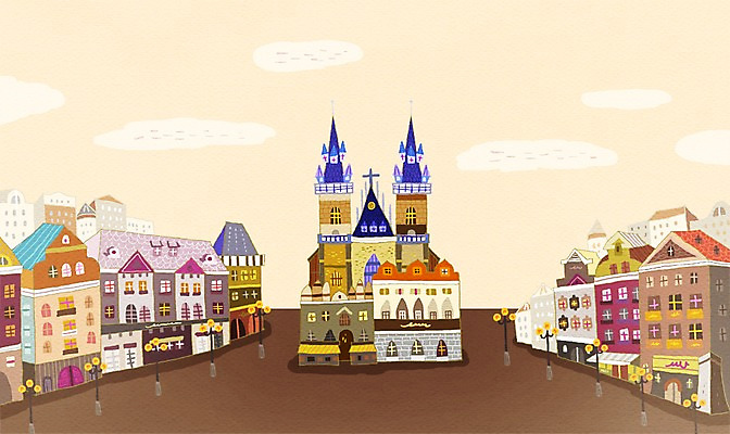 PSD 해외 건축물 백그라운드 가로등 일러스트 거리 풍경 사람없음 야외 관광지 탑 도시 세계명소 체코 프라하 국내일러스트 공공시설 건축 유럽 여행 파일형식