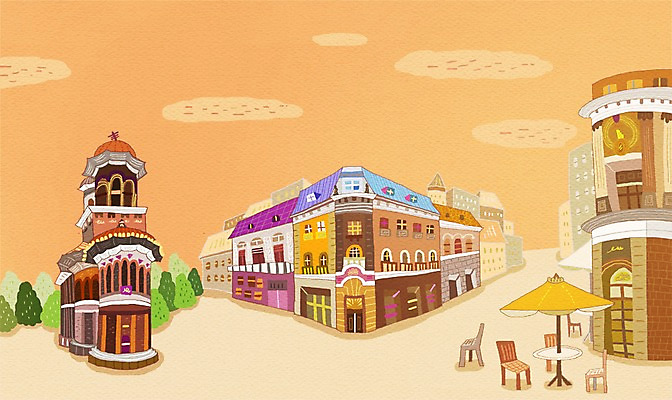 PSD 나무 해외 백그라운드 의자 일러스트 탁자 거리 풍경 사람없음 야외 건물 관광지 교회 도시 파라솔 세계명소 루마니아 국내일러스트 식물 건축물 유럽 여행 가구 종교건축 파일형식