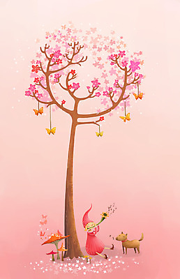 전신 PSD 나무 식물 동물 사계절 계절 꽃 악기 분홍색 컬러 나비 백그라운드 일러스트 상상 한명 사람 앉기 봄 강아지 피리 봄배경 국내일러스트 1 음악 곤충 모션 반려동물 개 목관악기 파일형식