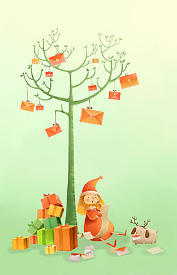 전신 PSD 나무 식물 동물 사계절 계절 여자 백그라운드 겨울 일러스트 상상 사슴 선물 한명 사람 앉기 선물상자 산타클로스 루돌프 편지 여자만 여자한명만 겨울배경 국내일러스트 1 크리스마스 포유류 모션 상자 파일형식