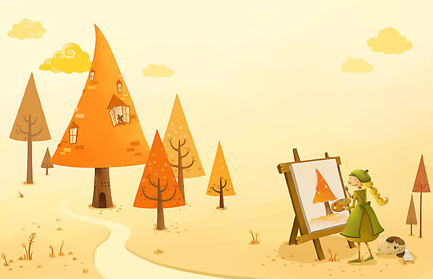 전신 PSD 나무 동물 구름 사계절 계절 여자 컬러 백그라운드 일러스트 상상 한명 사람 주황색 물감 가을 팔레트 강아지 이젤 그림 여자만 여자한명만 가을배경 국내일러스트 자연요소 식물 1 반려동물 미술도구 개 파일형식 가을_계절