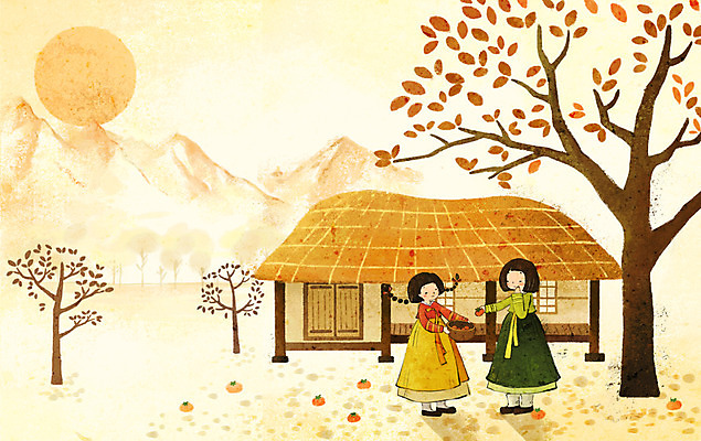PSD 한국전통 계절 여자 명절 백그라운드 과일 일러스트 초가집 감 사람 두명 추석 가을풍경 한복 감나무 즐거움 여자만 가을배경 국내일러스트 나무 전통 기념일 감정 한옥 한국 풍경 전통의상 파일형식 가을_계절