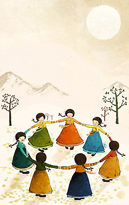 PSD 한국전통 계절 여자 명절 백그라운드 일러스트 사람 여러명 추석 가을풍경 손잡기 전통놀이 한복 즐거움 강강술래 여자만 가을배경 국내일러스트 전통 기념일 감정 다수 모션 놀이 한국 풍경 전통의상 파일형식 가을_계절