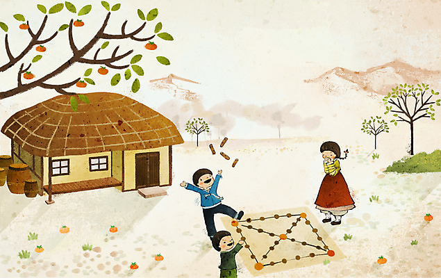 PSD 한국전통 계절 여자 명절 남자 백그라운드 일러스트 초가집 사람 세명 추석 가을풍경 정원 전통놀이 윷놀이 한복 감나무 즐거움 가을배경 국내일러스트 나무 전통 기념일 감정 놀이 한옥 한국 감 풍경 전통의상 파일형식 가을_계절