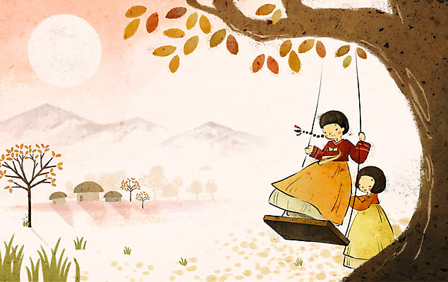 PSD 나무 한국전통 계절 여자 명절 백그라운드 일러스트 놀이 초가집 사람 두명 추석 가을풍경 한복 즐거움 그네 여자만 가을배경 국내일러스트 식물 전통 기념일 감정 한옥 한국 풍경 전통의상 파일형식 가을_계절