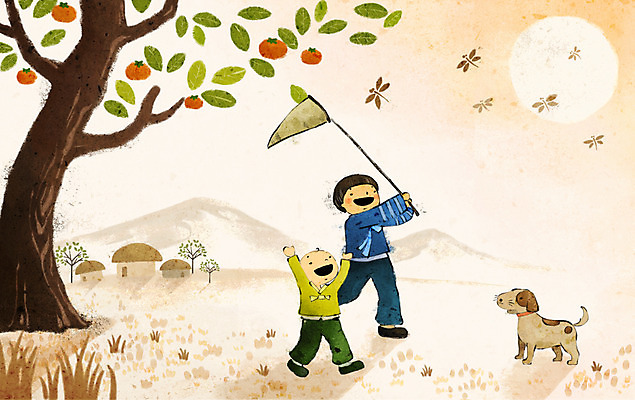 PSD 한국전통 계절 명절 남자 백그라운드 일러스트 사람 두명 추석 마을 가을풍경 강아지 잠자리 한복 감나무 즐거움 곤충채집 채집망 남자만 가을배경 국내일러스트 나무 전통 기념일 감정 곤충 한국 감 풍경 반려동물 개 전통의상 수집 파일형식 가을_계절