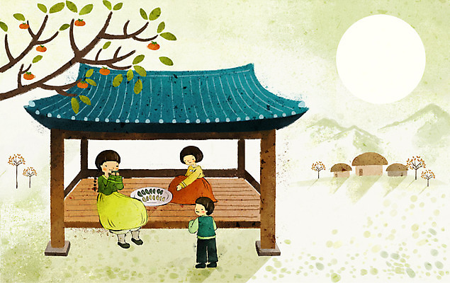 PSD 한국전통 계절 여자 명절 남자 백그라운드 일러스트 떡 사람 세명 추석 마을 가을풍경 한복 감나무 즐거움 정자 송편 가을배경 국내일러스트 나무 전통 건축물 기념일 감정 한국 감 풍경 전통의상 파일형식 가을_계절