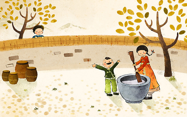 PSD 나무 한국전통 계절 여자 명절 남자 백그라운드 일러스트 사람 세명 담장 추석 가을풍경 정원 항아리 한복 즐거움 절구 떡방아 가을배경 국내일러스트 식물 전통 기념일 감정 한국 풍경 도구 도자기 전통의상 방아 파일형식 가을_계절