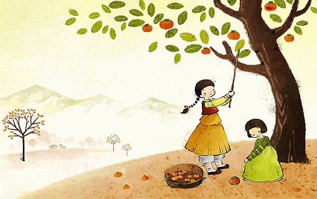 PSD 한국전통 계절 여자 명절 백그라운드 과일 일러스트 감 사람 두명 바구니 추석 가을풍경 막대기 한복 감나무 즐거움 여자만 가을배경 국내일러스트 나무 전통 기념일 감정 한국 풍경 전통의상 파일형식 가을_계절