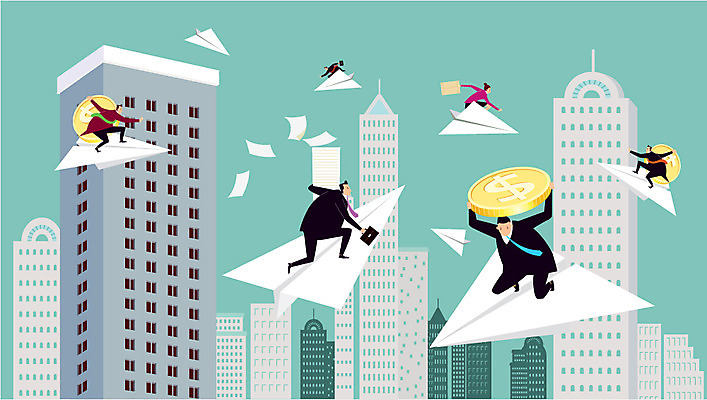 전신 여자 남자 백그라운드 돈 일러스트 비즈니스 사람 정장 빌딩 여러명 달러 동전 비행 직장인 비즈니스맨 비즈니스우먼 종이비행기 국내일러스트 AI파일 직업 옷 다수 건물 재산 종이접기 파일형식 벡터