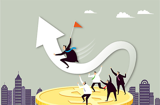 전신 남자 화살표 백그라운드 돈 일러스트 비즈니스 응원 사람 정장 여러명 건물 달러 동전 깃발 직장인 비즈니스맨 상승 남자만 국내일러스트 AI파일 직업 건축물 옷 다수 컨셉 재산 파일형식 벡터