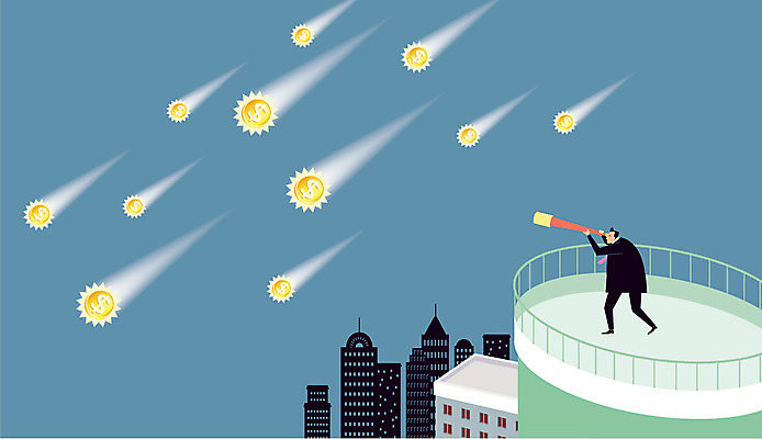 전신 남자 백그라운드 돈 일러스트 비즈니스 한명 사람 정장 건물 달러 망원경 관찰 직장인 비즈니스맨 유성 옥상 남자만 남자한명만 국내일러스트 AI파일 직업 1 건축물 옷 모션 재산 파일형식 벡터