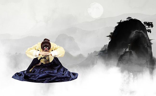 PSD 나무 편집 편집이미지 여자 백그라운드 한명 사람 절벽 돌_바위 바위 인사 절 한복 여자만 여자한명만 이미지편집 식물 1 한국전통 예절 전통의상 파일형식