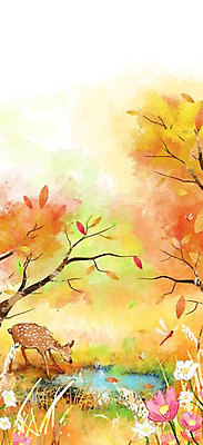 PSD 나무 동물 계절 꽃 백그라운드 일러스트 자연 사슴 풍경 사람없음 가을풍경 가을 연못 숲 옹달샘 가을배경 국내일러스트 식물 포유류 생태계 파일형식 가을_계절