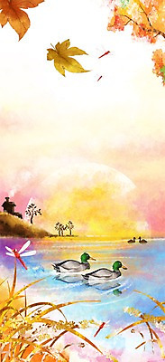 PSD 계절 단풍 일러스트 자연 나뭇잎 풍경 사람없음 강 가을풍경 가을 잠자리 청둥오리 국내일러스트 곤충 잎 오리 생태계 파일형식 가을_계절