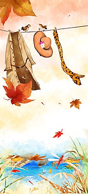 PSD 모자 옷 계절 패션 단풍 일러스트 자연 조류 나뭇잎 집게 풍경 사람없음 강 가을풍경 목도리 코트 가을 잠자리 빨랫줄 국내일러스트 동물 잡화 줄 곤충 잎 외투 생태계 파일형식 가을_계절