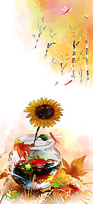 PSD 계절 꽃 일러스트 자연 유리병 나뭇잎 해바라기 풍경 사람없음 가을풍경 꽃병 가을 국내일러스트 식물 잎 병_용기 생태계 파일형식 가을_계절