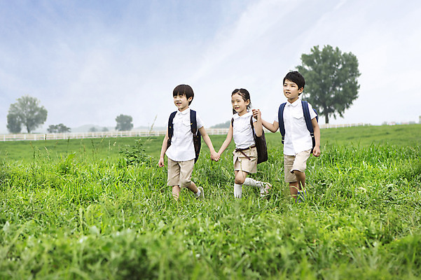 포토 JPG 주간 여자 남자 어린이 책가방 사람 동양인 소녀 소년 잔디 야외 세명 친구 걷기 손잡기 유치원생 한국인 입학 어린이만 국내포토 자연요소 식물 교육 가방 관계 모션 인종 파일형식