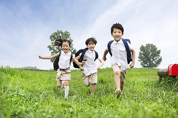 포토 JPG 주간 여자 남자 어린이 책가방 웃음 사람 동양인 소녀 소년 잔디 야외 앞모습 세명 친구 달리기 유치원생 한국인 입학 어린이만 국내포토 자연요소 식물 교육 뷰포인트 가방 관계 모션 표정 인종 파일형식