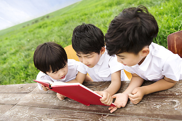 포토 JPG 주간 어린이교육 남자 어린이 사람 앉기 동양인 소년 상반신 야외 책 세명 친구 독서 유치원생 한국인 야외교실 남자만 어린이만 소년만 국내포토 자연요소 교육 교실 관계 모션 인종 파일형식