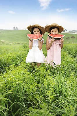 포토 JPG 주간 모자 여자 어린이 여름음식 수박 서기 들기 사람 동양인 소녀 잔디 상반신 야외 두명 앞모습 친구 유치원생 한국인 먹기 즐거움 상쾌 여자만 어린이만 소녀만 제철음식 제철과일 국내포토 자연요소 식물 잡화 감정 음식 뷰포인트 과일 관계 모션 인종 제철 파일형식 여름_계절