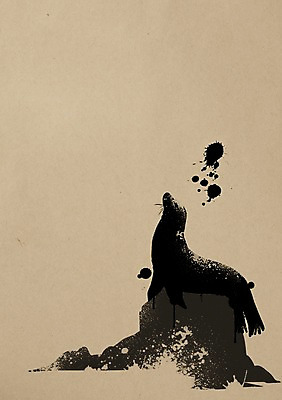 PSD 동물 한마리 백그라운드 일러스트 붓터치 잉크 사람없음 돌_바위 바위 먹 동물보호 바다사자 멸종위기동물 국내일러스트 멸종위기종 1 포유류 서예 바다동물 사회이슈 파일형식