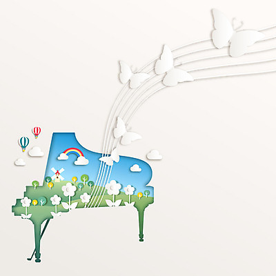 모양 나무 꽃 종이 악기 나비 백그라운드 일러스트 초원 사람없음 건반 피아노 페이퍼아트 오선지 국내일러스트 AI파일 식물 음악 곤충 건반악기 악보 오선 파일형식 벡터