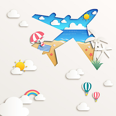모양 구름 종이 바다 백그라운드 일러스트 하늘 휴가 비행기 해변 사람없음 파라솔 페이퍼아트 휴양지 국내일러스트 AI파일 자연요소 항공교통 대중교통 장소 파일형식 벡터