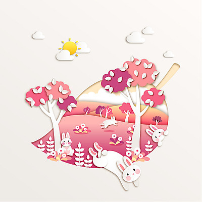 모양 나무 동물 종이 분홍색 백그라운드 일러스트 사람없음 토끼 페이퍼아트 숲 국내일러스트 AI파일 식물 컬러 포유류 반려동물 파일형식 벡터