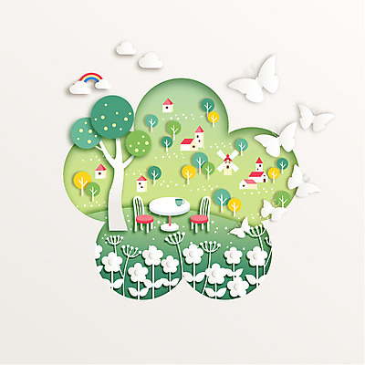 모양 나무 꽃 종이 백그라운드 꽃밭 일러스트 탁자 사람없음 마을 페이퍼아트 국내일러스트 AI파일 식물 가구 파일형식 벡터