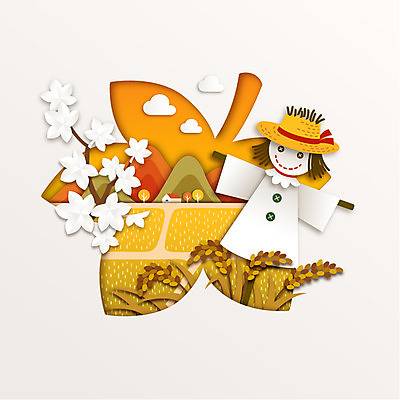 모양 계절 종이 백그라운드 단풍 일러스트 나뭇잎 논 사람없음 농작물 벼 가을 페이퍼아트 허수아비 가을배경 국내일러스트 AI파일 잎 농업 곡류 파일형식 벡터 가을_계절