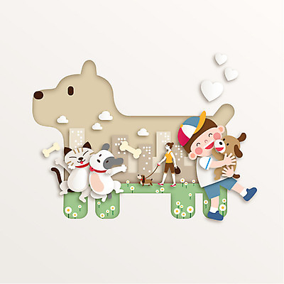 모양 동물 여자 남자 종이 어린이 백그라운드 일러스트 사람 두명 반려동물 고양이 산책 페이퍼아트 강아지 어린이만 국내일러스트 AI파일 포유류 휴식 개 파일형식 벡터