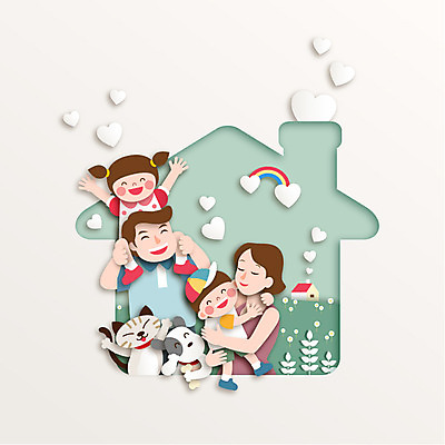 모양 여자 남자 종이 백그라운드 일러스트 가족 웃음 사람 여러명 고양이 화목 목말 페이퍼아트 강아지 집모양 국내일러스트 AI파일 다수 컨셉 포유류 관계 모션 표정 반려동물 개 파일형식 벡터