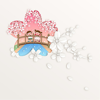 모양 계절 여자 남자 종이 어린이 백그라운드 일러스트 사람 두명 강 봄 벚꽃 페이퍼아트 벚꽃축제 가교 어린이만 봄배경 국내일러스트 AI파일 건축물 꽃 축제 꽃축제 파일형식 벡터