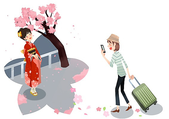 PSD 여자 여행 일본문화 일러스트 사람 두명 관광지 여행객 캐리어 일본 사진촬영 벚꽃 체험 전통의상 기모노 일본여행 여자만 국내일러스트 동양문화 전통 꽃 아시아 외국문화 해외여행 컨셉 여행가방 촬영 일본전통의상 파일형식